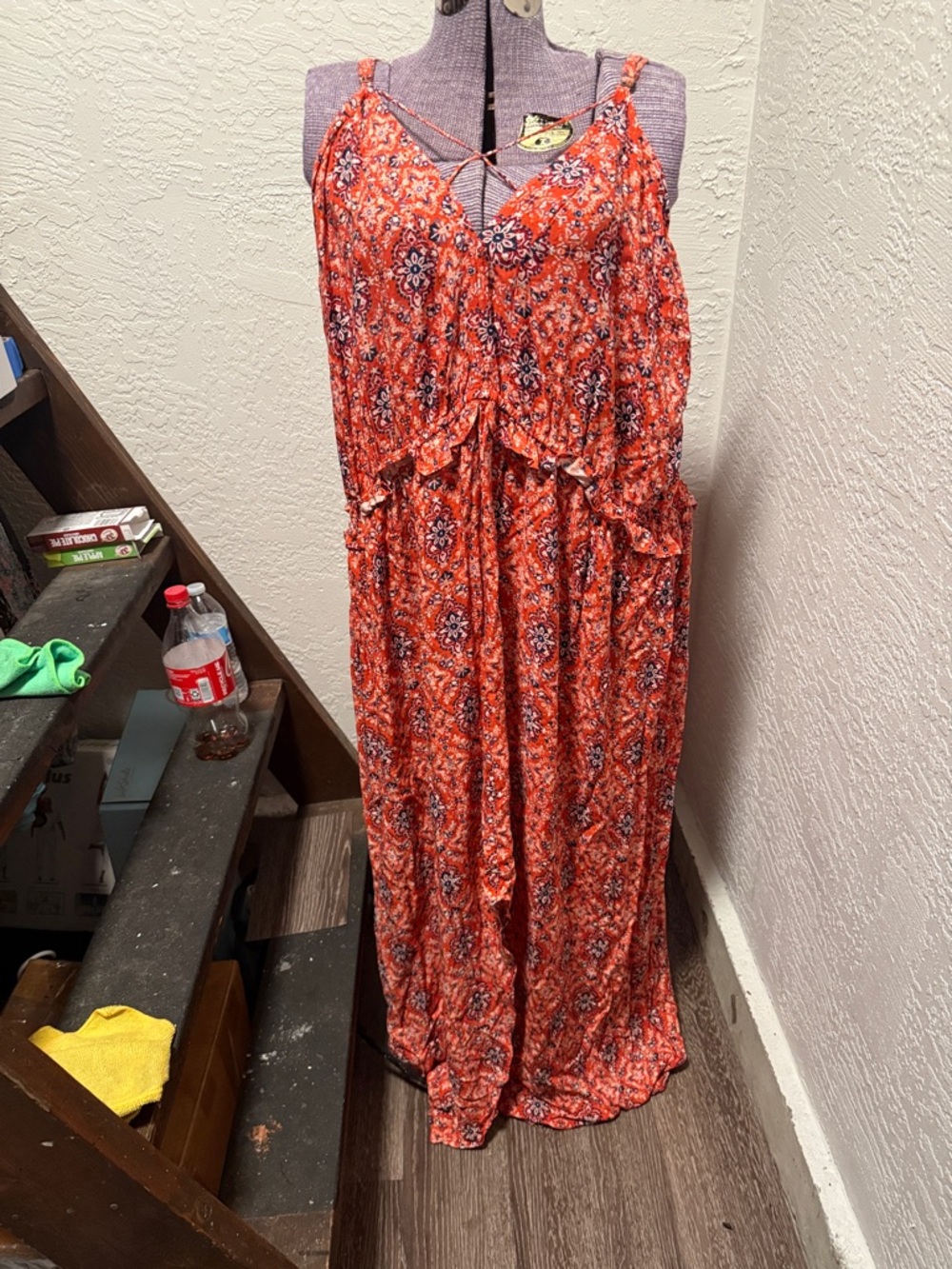 Xhilaration Orange Red Boho Maxi Dress with Blue Floral Print